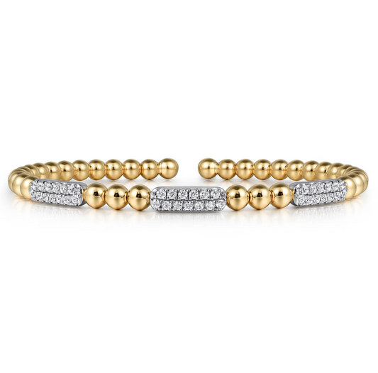 14K White and Yellow Gold Diamond Pave Three Station Bar Bujukan Beads Split Bangle Bracelet