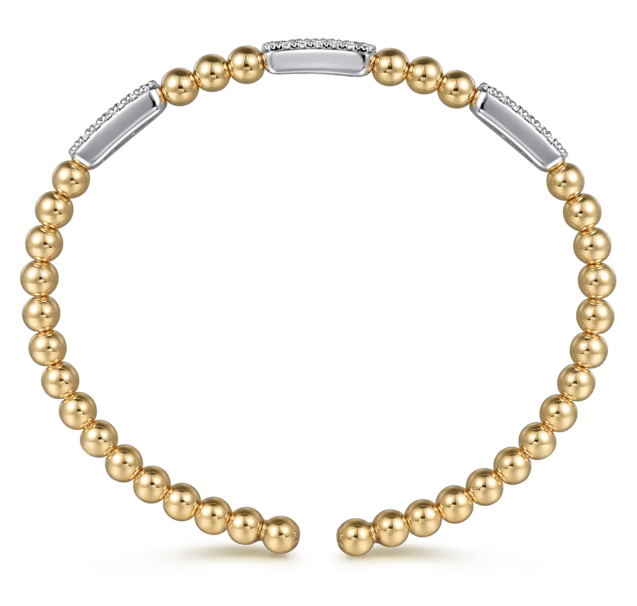 14K White and Yellow Gold Diamond Pave Three Station Bar Bujukan Beads Split Bangle Bracelet