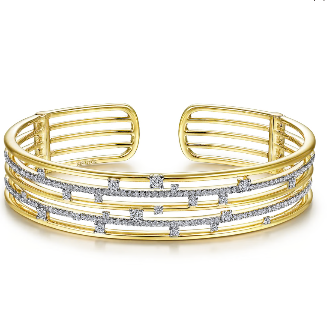 14K Yellow Gold Multi Row Cuff Bracelet with Diamonds | Gabriel & Co. | Luby 