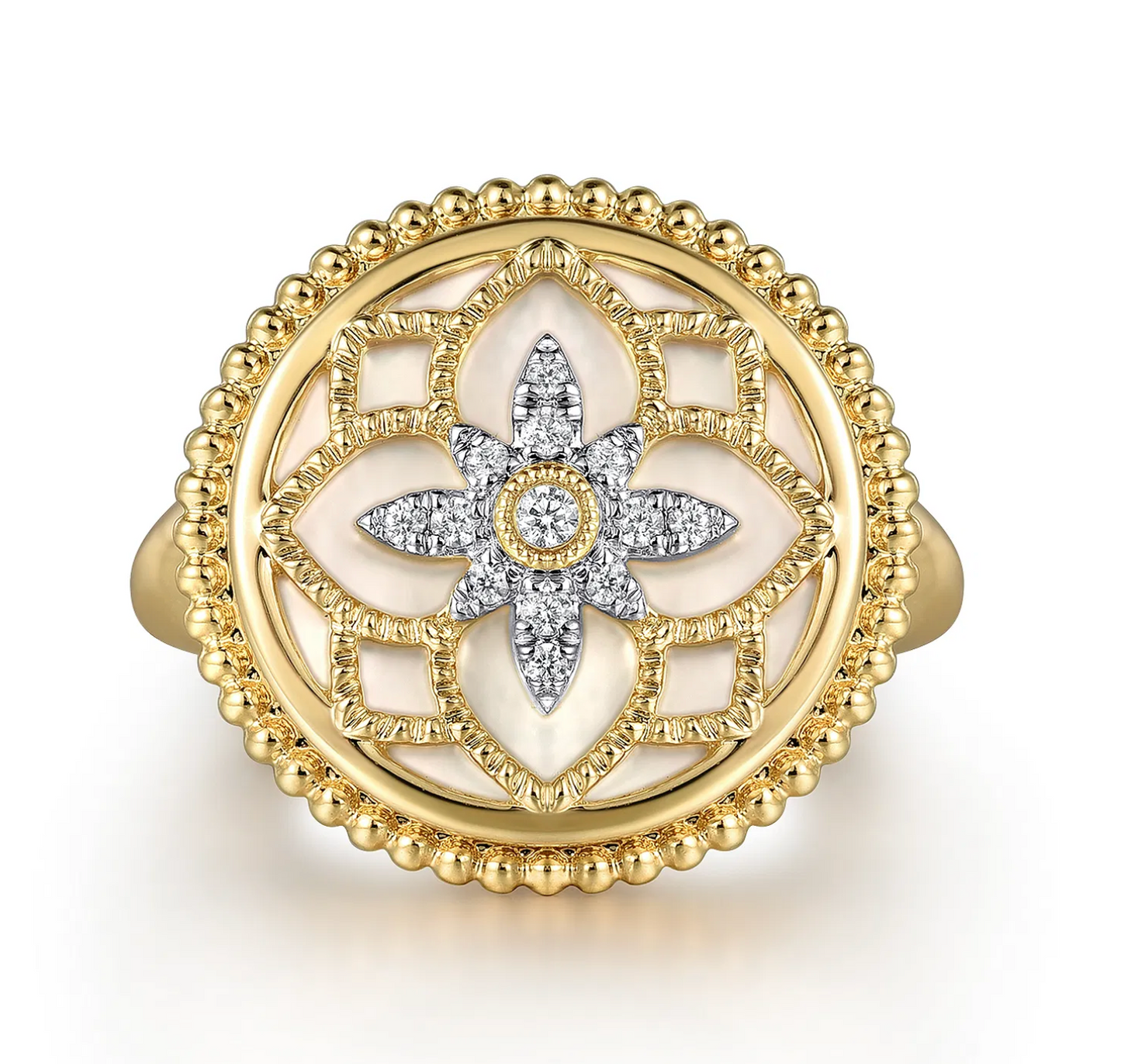 14K Yellow Gold Diamonds and White Mother of Pearl Bujukan Signet Ring | Gabriel & Co. | Luby 