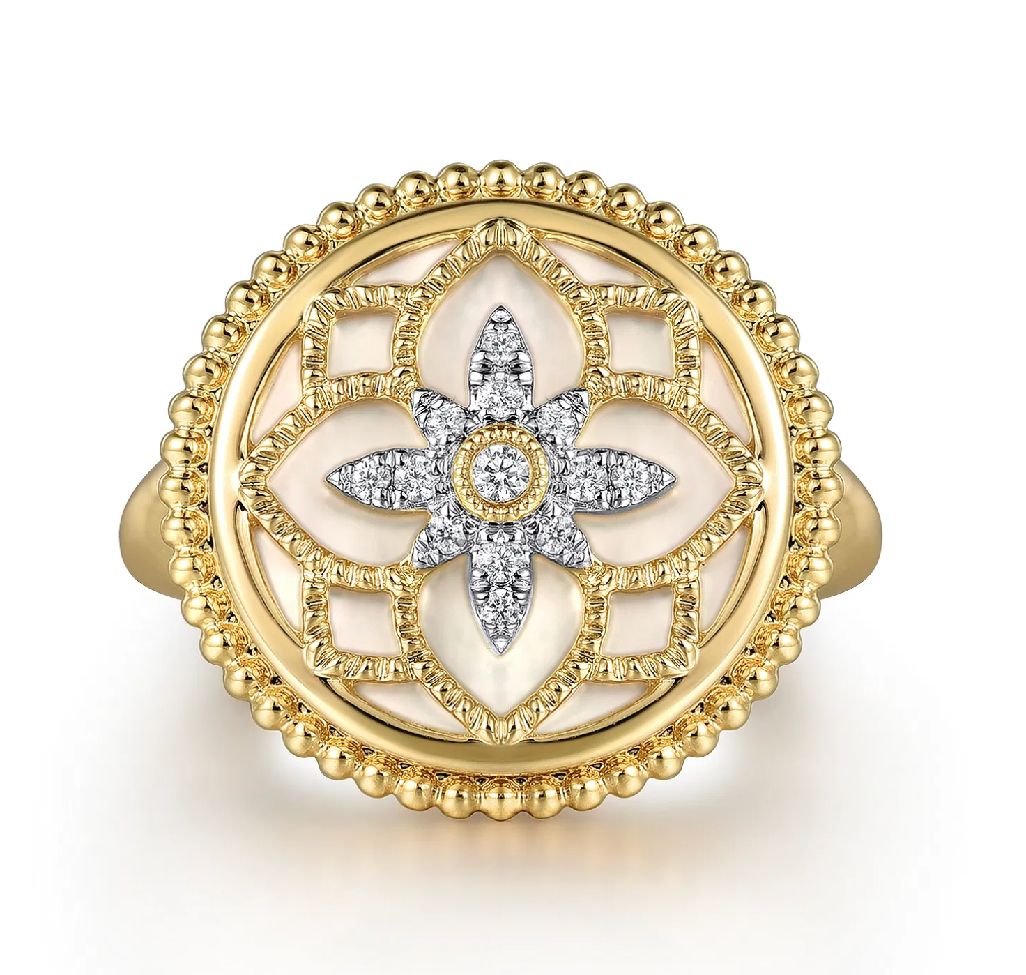 14K Yellow Gold Diamonds and White Mother of Pearl Bujukan Signet Ring | Gabriel & Co. | Luby 