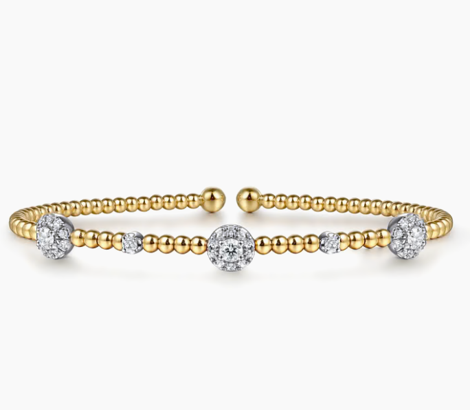 14K White-Yellow Gold Bujukan Diamond Cluster Stations Bangle