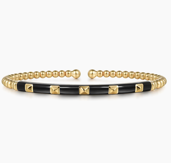 Enamel - 14K Yellow Gold Bujukan Beads and Pyramid Split Bangle with Black Enamel