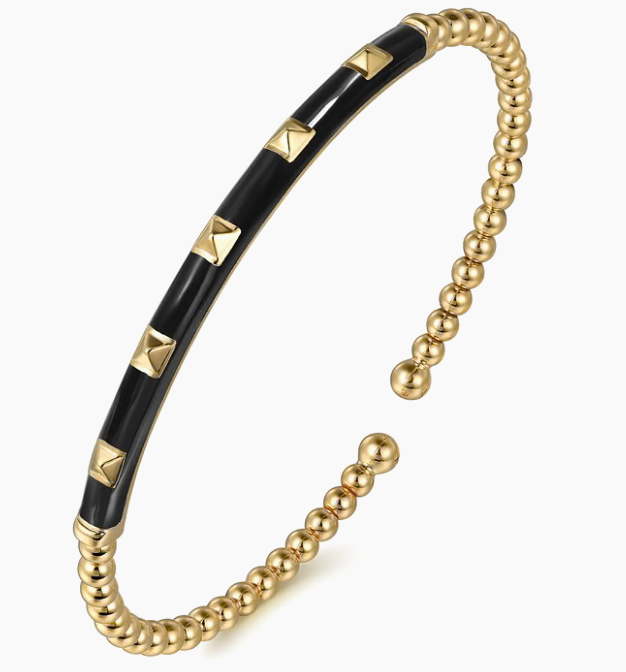 Enamel - 14K Yellow Gold Bujukan Beads and Pyramid Split Bangle with Black Enamel
