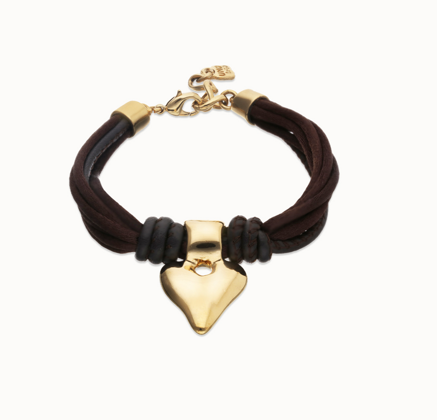 Bracelet in silk thread and brown leather with heart