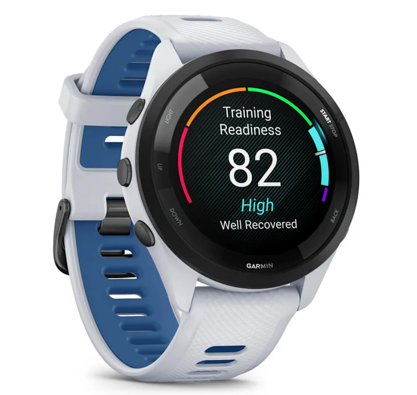Forerunner® 265 Black Bezel with Whitestone Case and Whitestone/Tidal Blue Silicone Band