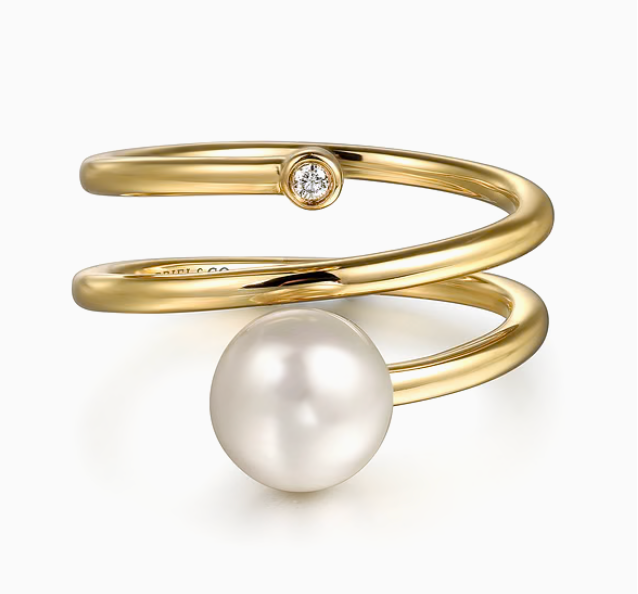 14K Yellow Gold Diamond and Pearl Bypass Ring | Gabriel & Co. | Luby 