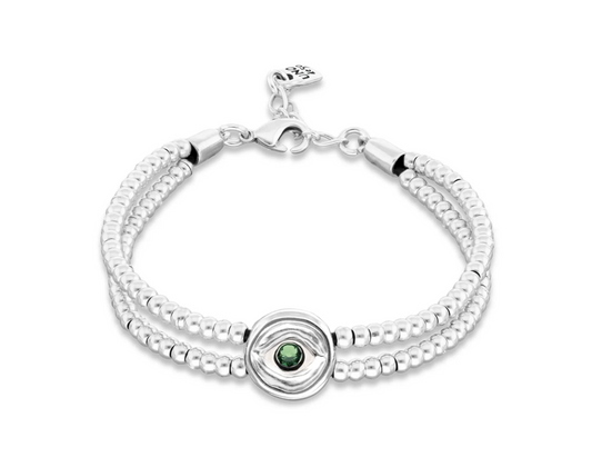 Metal Aloy Double Beaded Sterling Silver Eye Detail Green Faceted Crystal Bracelet | Uno de 50 | Luby 