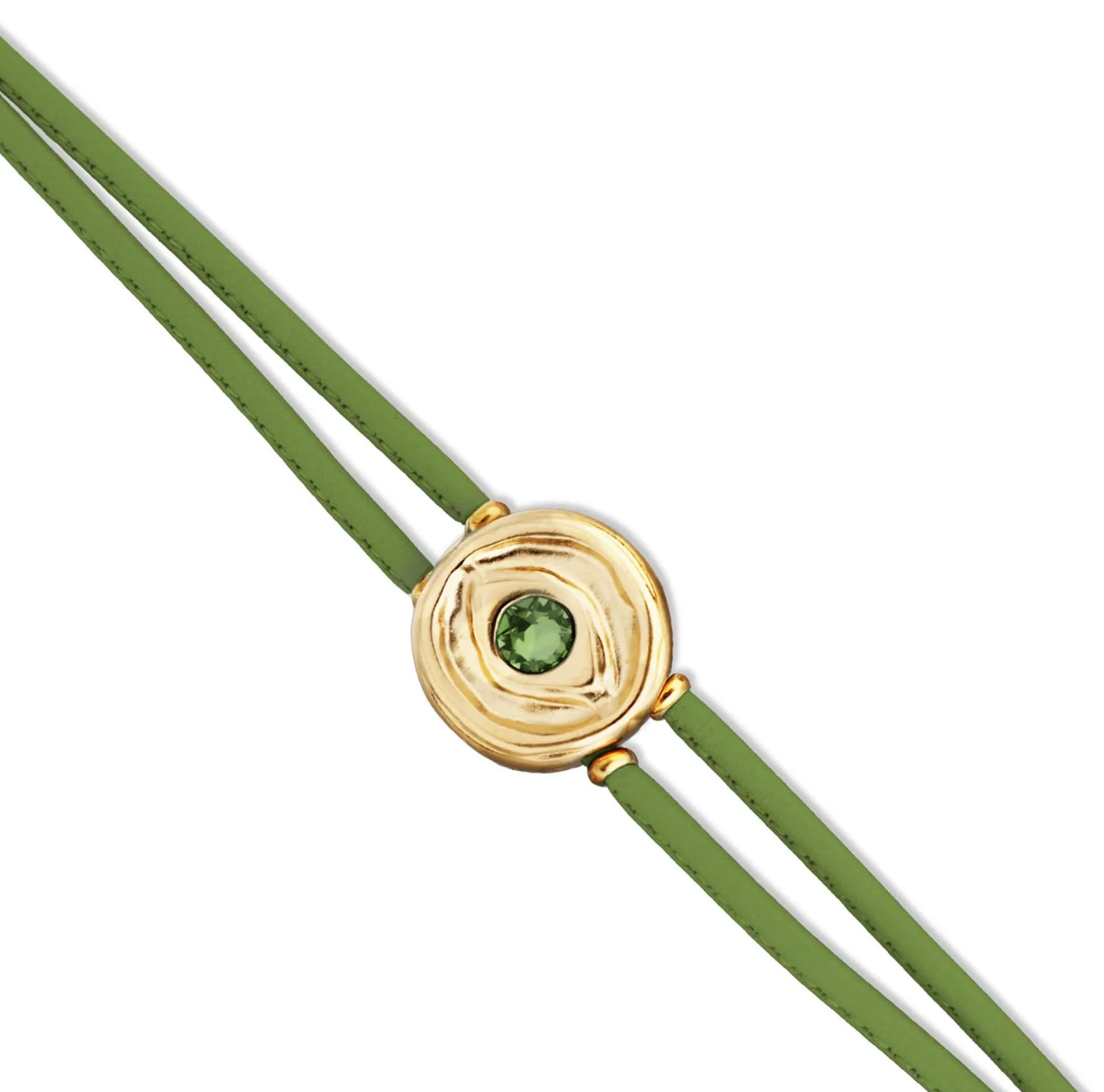 Double Green Leather Metal Alloy Eye Detail Pleated Gold 18K Crystal Bracelet | Uno de 50 | Luby 