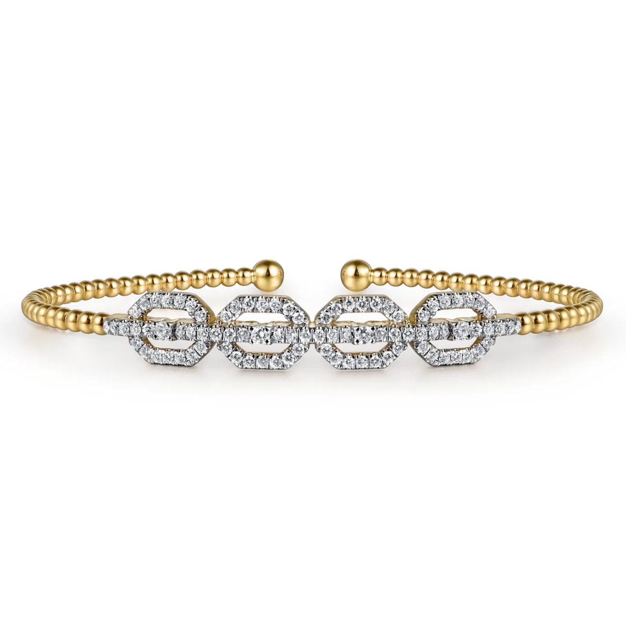 14K Yellow Gold Bujukan Bead Cuff Bracelet with Diamond Pave Links