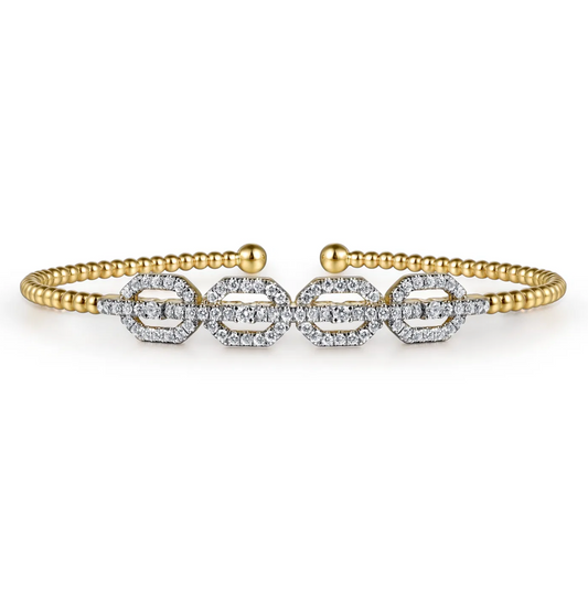 14K Yellow Gold Bujukan Bead Cuff Bracelet with Diamond Pave Links