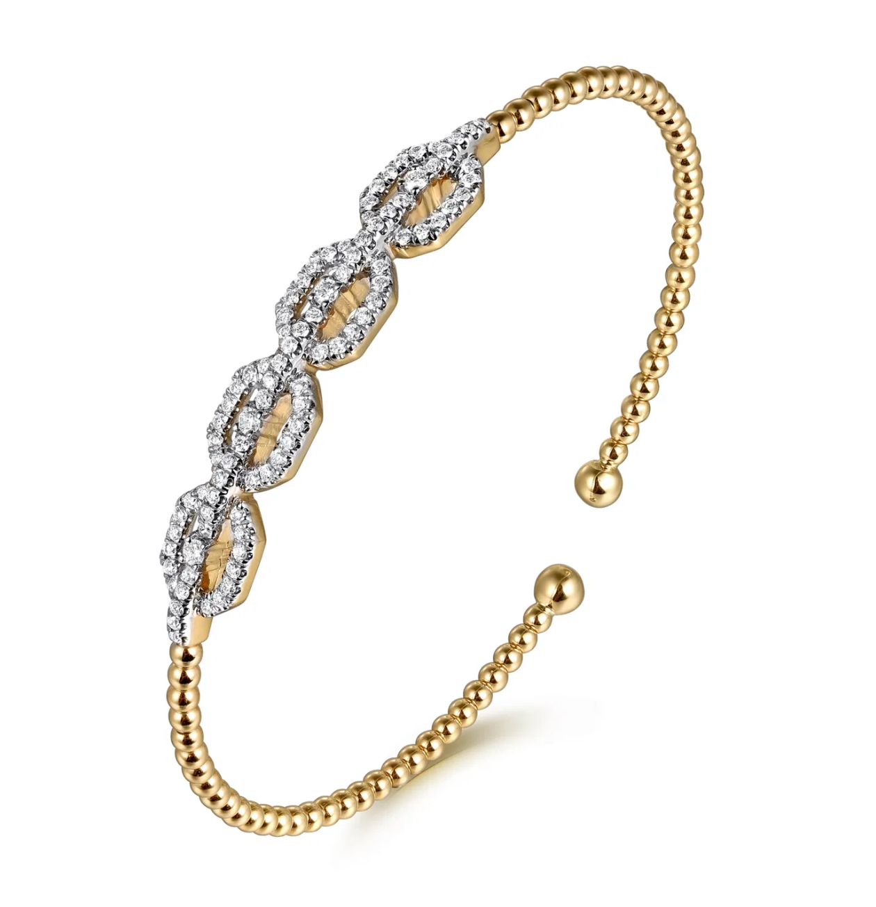 14K Yellow Gold Bujukan Bead Cuff Bracelet with Diamond Pave Links