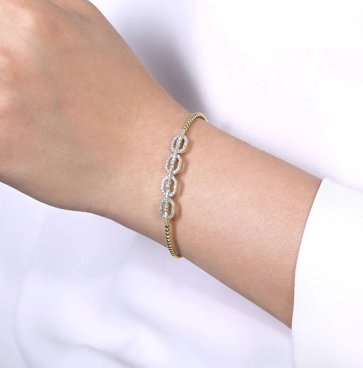 14K Yellow Gold Bujukan Bead Cuff Bracelet with Diamond Pave Links