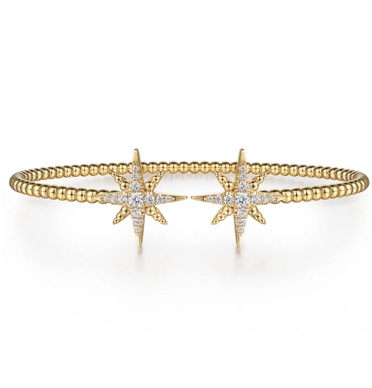 14K Yellow Gold Bujukan and Diamond Starburst Open Bangle Bracelet