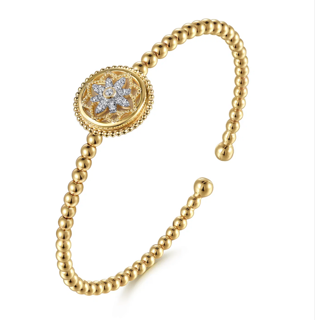14K Yellow Gold Bujukan Diamond and White Mother of Pearl Medallion Split Bangle Bracelet | Gabriel & Co. | Luby 