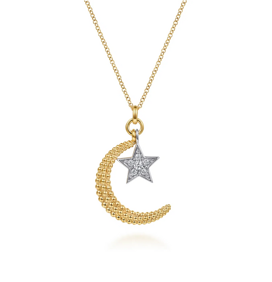 14K White Yellow Gold Bujukan Moon and Diamond Star Pendant Necklace
