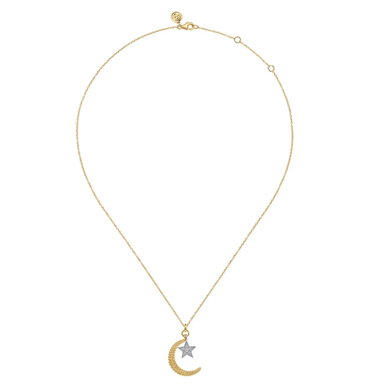 14K White Yellow Gold Bujukan Moon and Diamond Star Pendant Necklace | Gabriel & Co. | Luby 