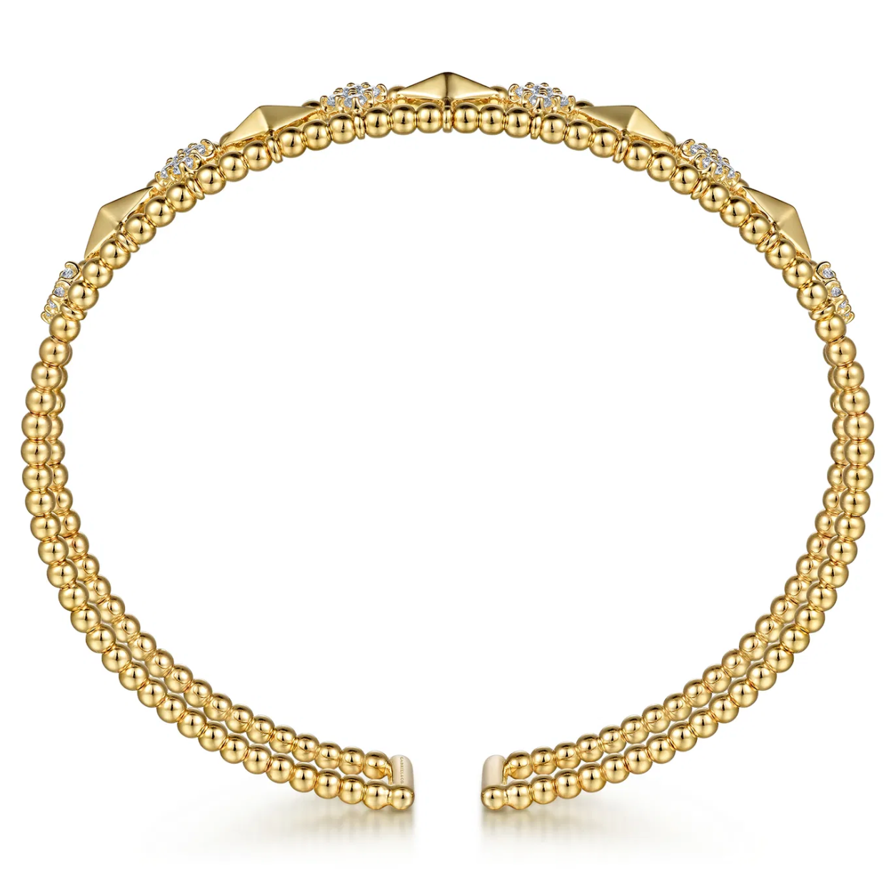14K Yellow Gold Bujukan Diamond Cluster and Gold Pyramid Cuff Bangle