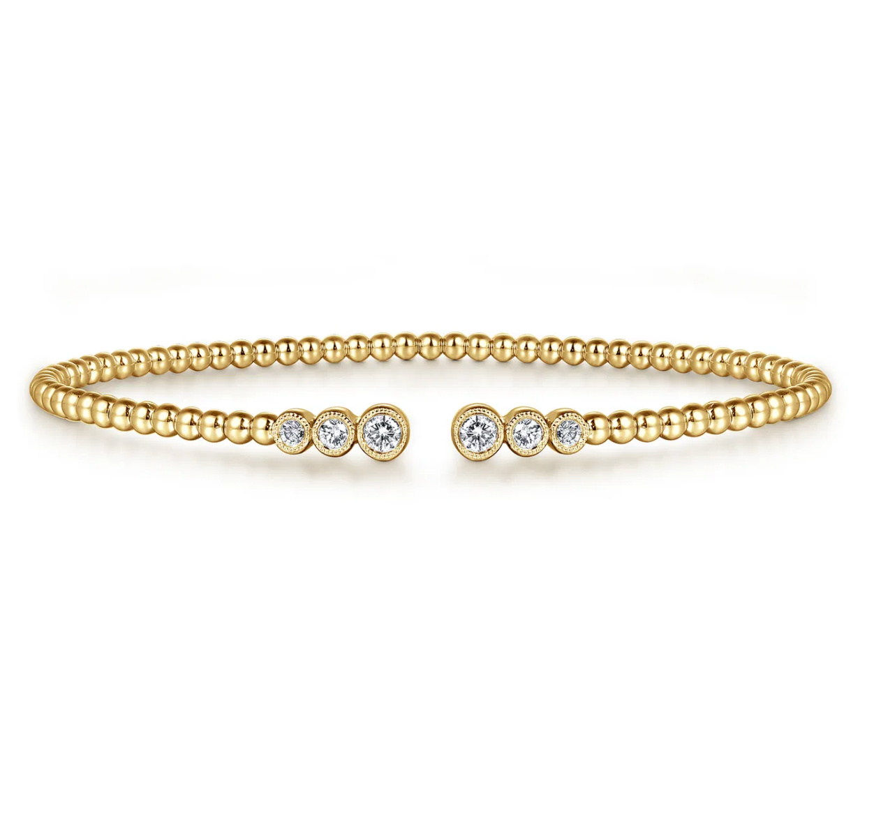 14K Yellow Gold Bujukan Bead Split Cuff Bracelet with Bezel Set Diamonds