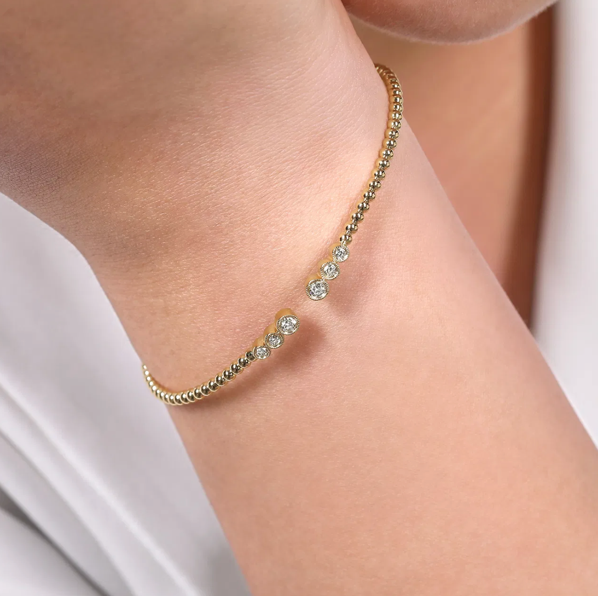 14K Yellow Gold Bujukan Bead Split Cuff Bracelet with Bezel Set Diamonds