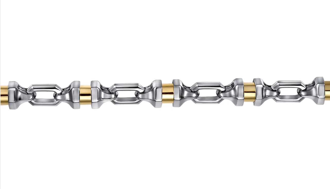 925 Sterling Silver and 14K Yellow Gold Cylinder Mens Bracelet