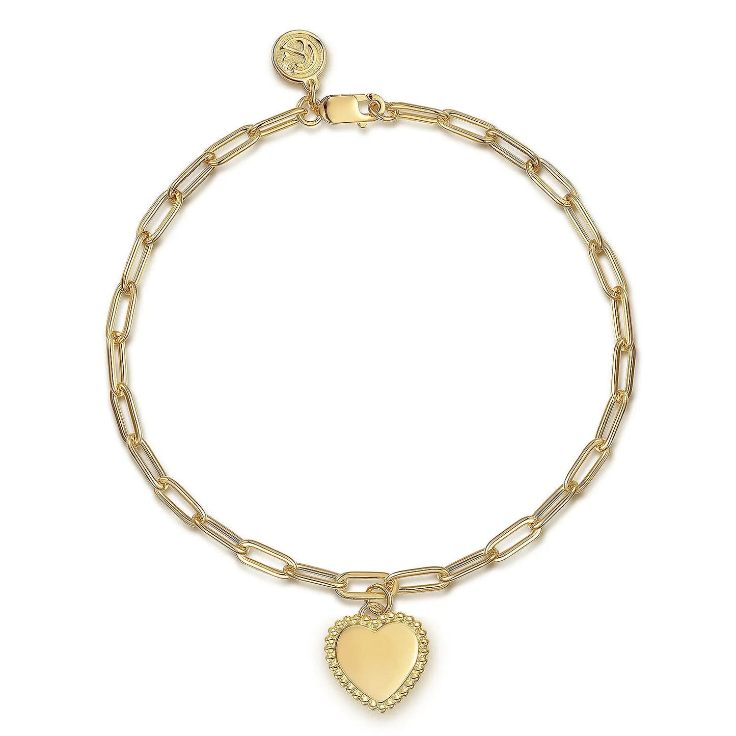 14K Yellow Plain Gold Paperclip Chain Bracelet with Personalized Bujukan Framed Heart Charm | Gabriel & Co. | Luby 