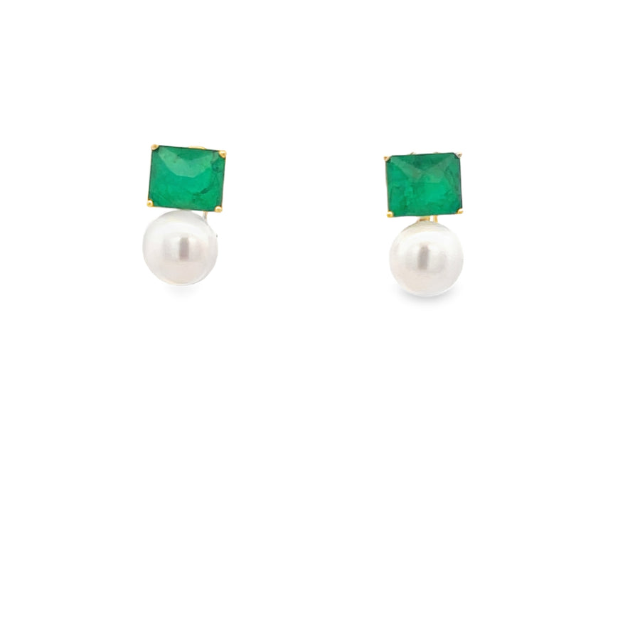 14K Gold Natural Emerald Stone Saltwater Pearls Earrings