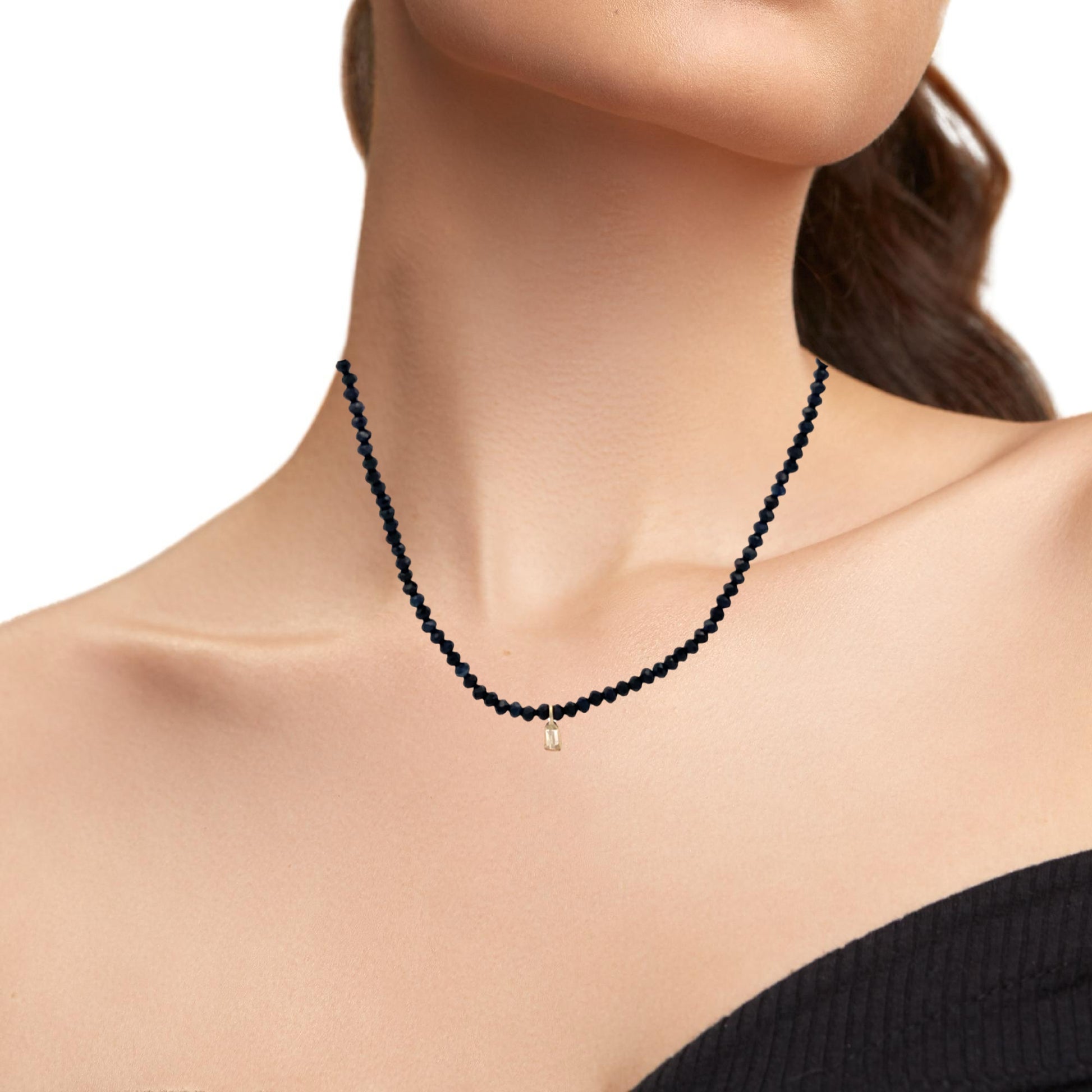 14K Gold Blue Sapphire Diamond Baguette Cut Accent Necklace | Luby Gold Collection | Luby 