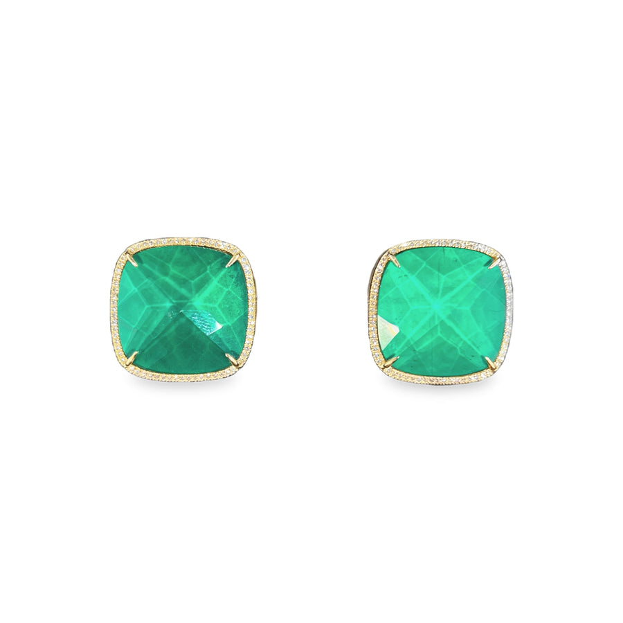14K Gold Square Natural Emerald Earrings with Diamonds