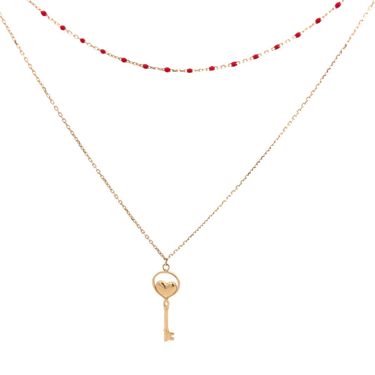 14K Gold Serenity Red Layers Chain with Key Pendant