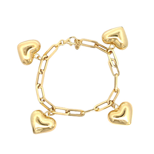 14K Gold Paper Clip Bracelet with Dangling Puff Hearts