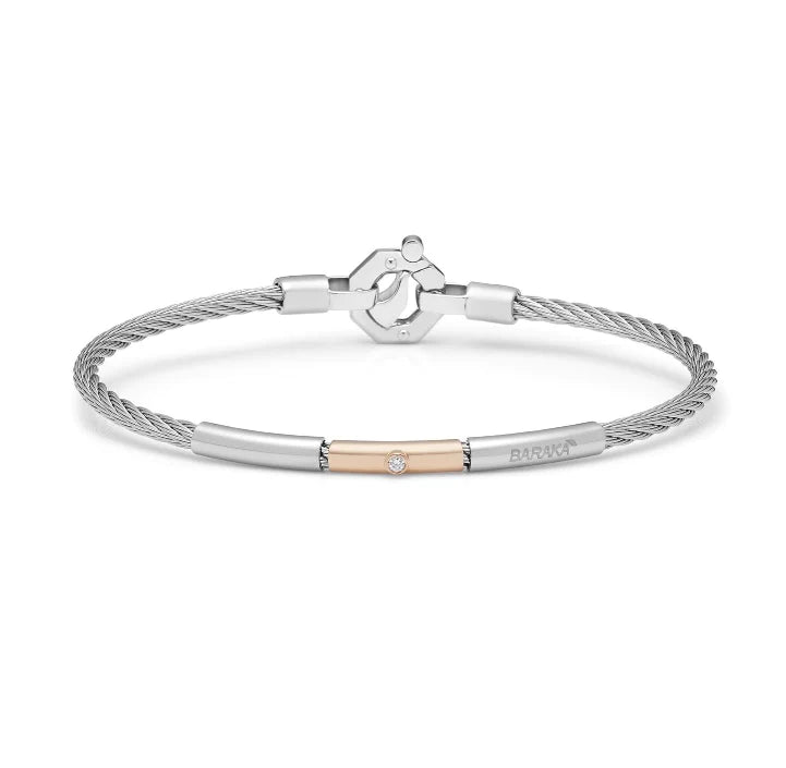 Stainless steel bracelet with rose gold and white diamond. White diamond in the clasp.