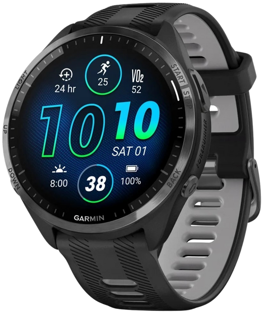 Forerunner® 965 Carbon Gray DLC Titanium Bezel with Black Case and Black/Powder Gray Silicone Band | Garmin | Luby 