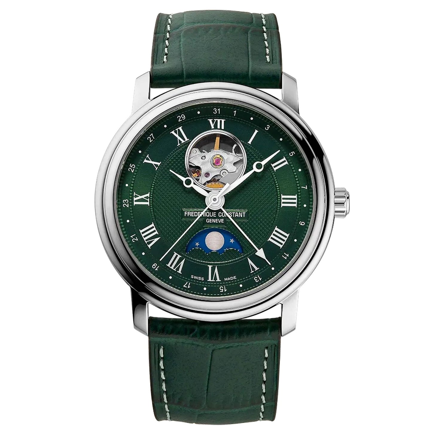 Classic Heart Beat Moonphase Green Dial and Green Leather Strap Watch | Frederique Constant | Luby 