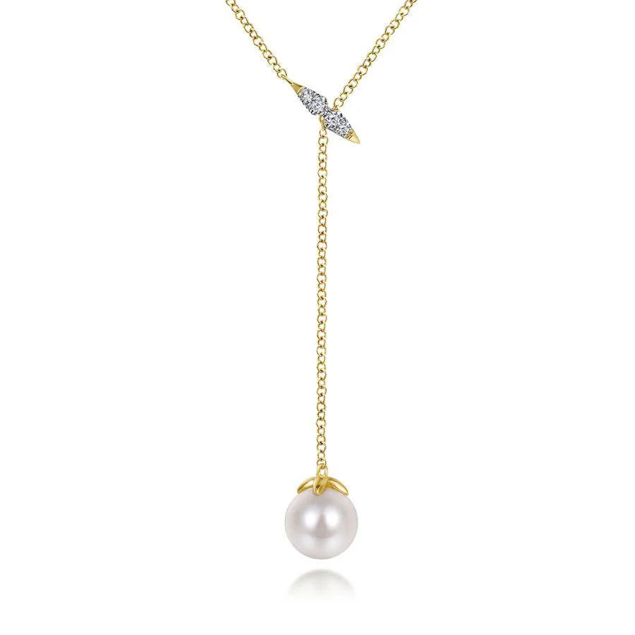 14K Yellow Gold Diamond And Pearl Y Knot Necklace | Gabriel & Co. | Luby 