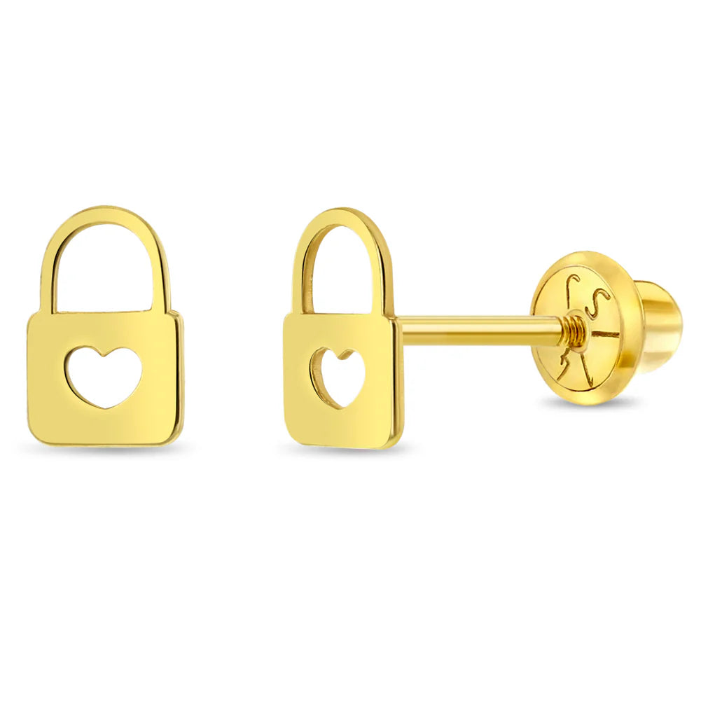 14k Heart Lock Girls Earrings | Children Collection | Luby 