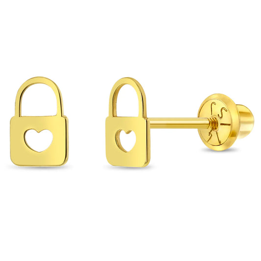 14k Heart Lock Girls Earrings | Children Collection | Luby 