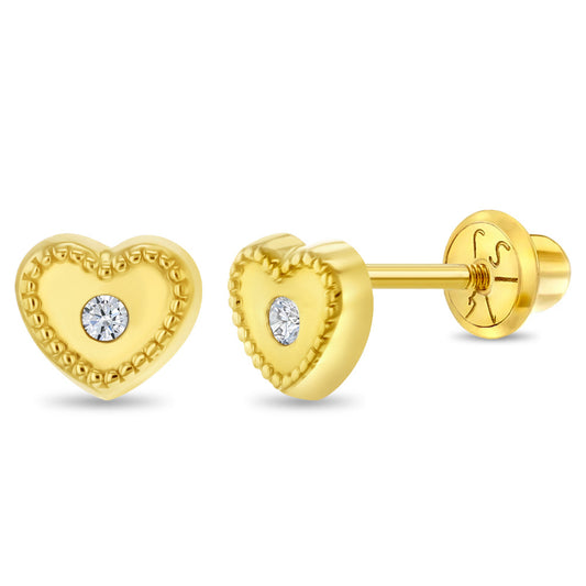 14k Centered Bezel Heart Girl Earrings | Children Collection | Luby 