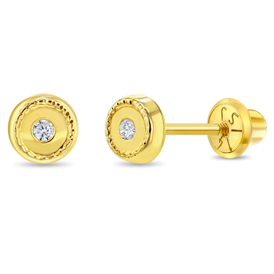 14k Round Bezel Set Girl Earrings | Children Collection | Luby 