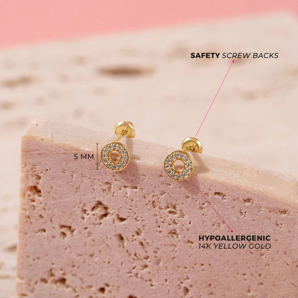 14K Round CZ Encrusted Girl Earrings | Children Collection | Luby 