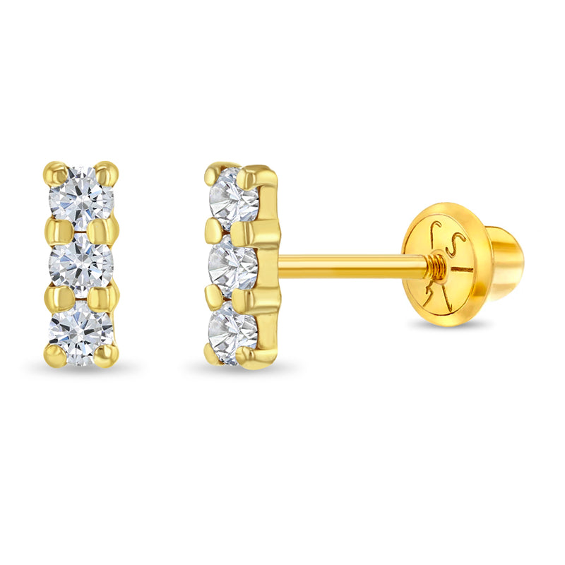 14K Gold Tiny CZ Bar Girls Earrings