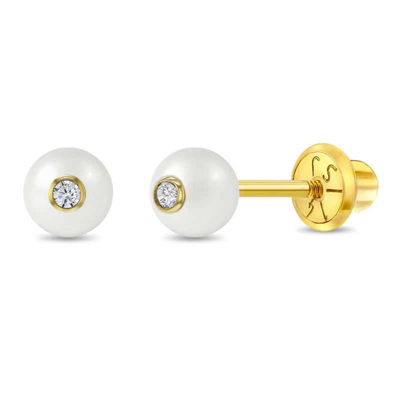 14k Simulated Pearl and CZ Girl Earrings | Children Collection | Luby 
