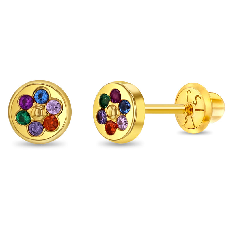 14k Round Multicolored Flower Girl Earrings