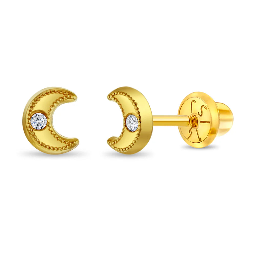 14k Bezel Moon Girl Earrings | Children Collection | Luby 