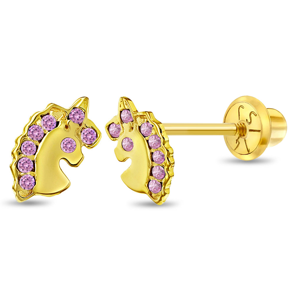 14k Pink CZ Unicorn Girl Earrings | Children Collection | Luby 