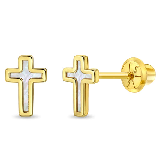 14k Mother of Pearl Cross Girls Earrings | Children Collection | Luby 