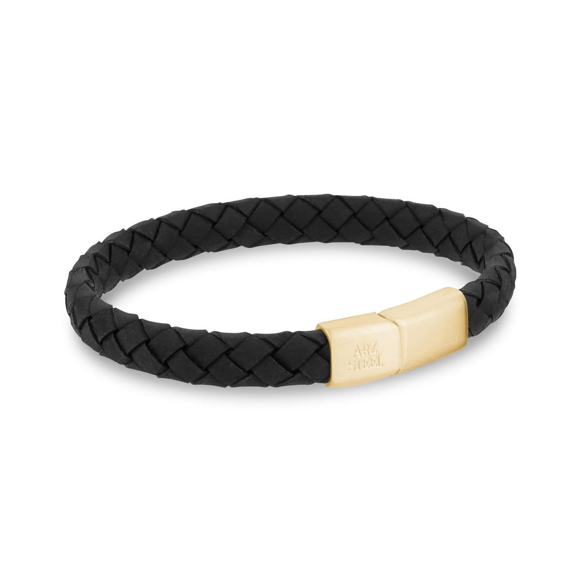 Flat Black Leather Gold Claps Bracelet | ARZ Steel | Luby 
