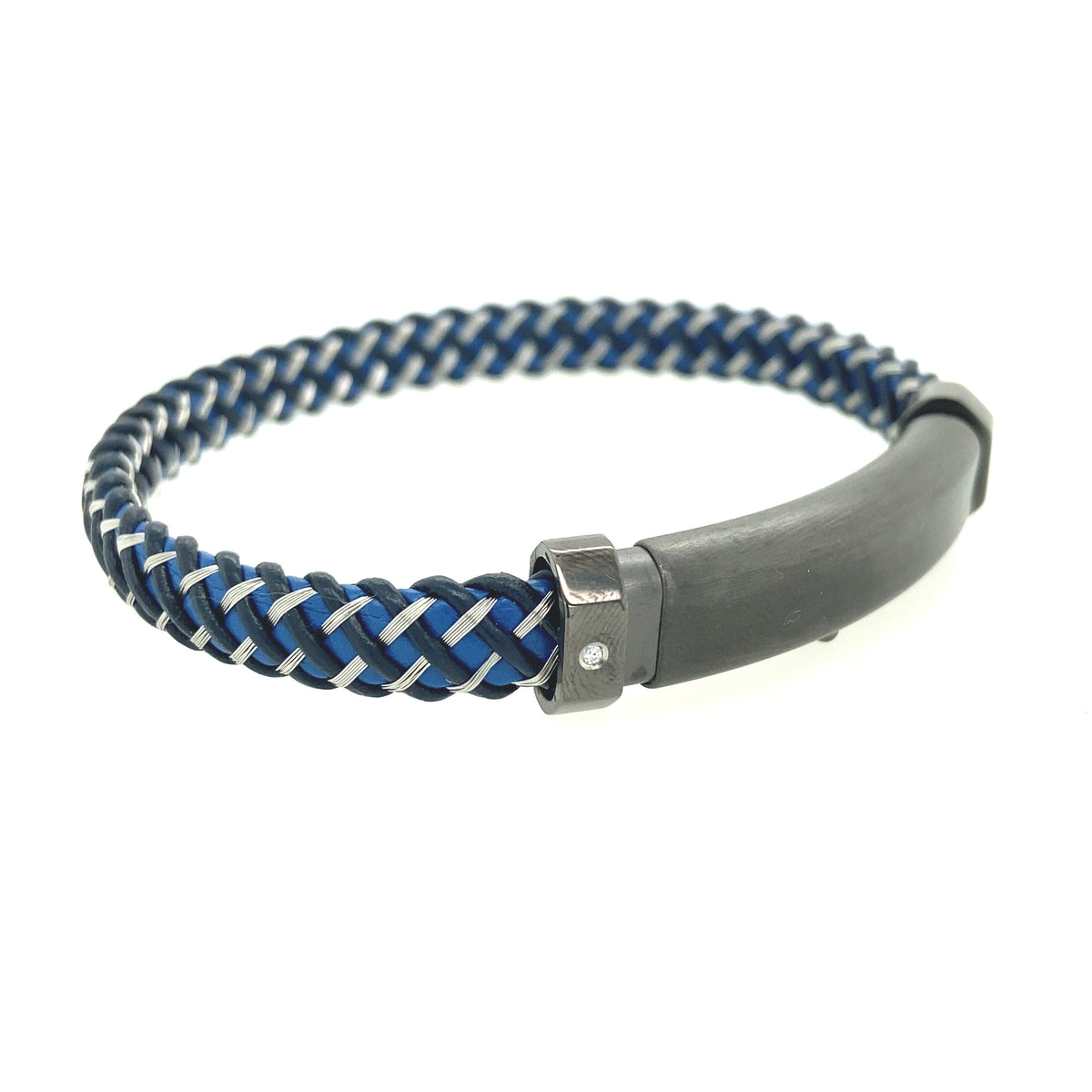 BLUE LEATHER & STEEL BRAID, STAINLESS STEEL CLASP WITH DIAMOND | BORSARI | Luby 