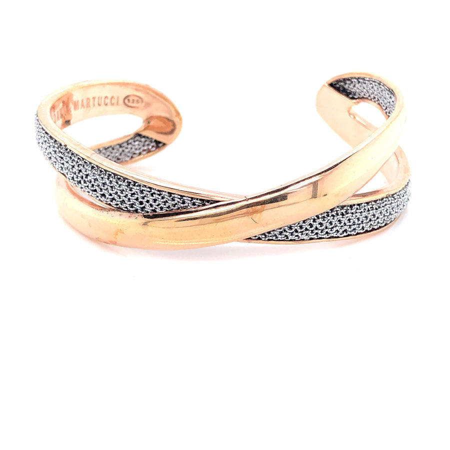 Brazalete Rígido Abierto de Oro Rosa con Malla Plateada