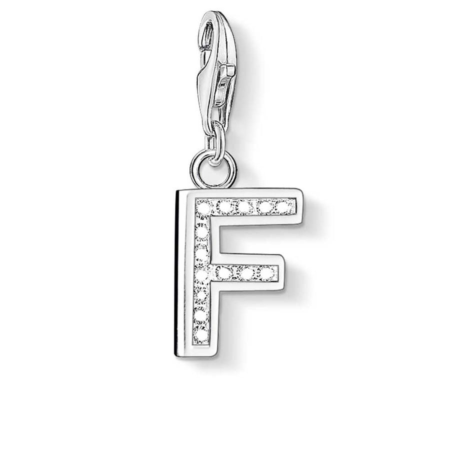 Letter F with CZ Crystals Charm (Silver)